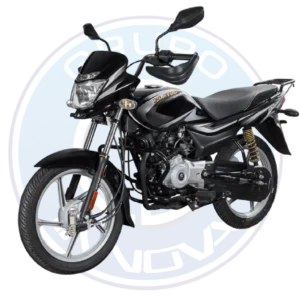 Vista completa de la Bajaj Platina 100 ES 2026 en color negro con azul