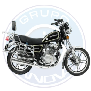 Parte frontal de la moto destacando su diseño moderno y faro principal.